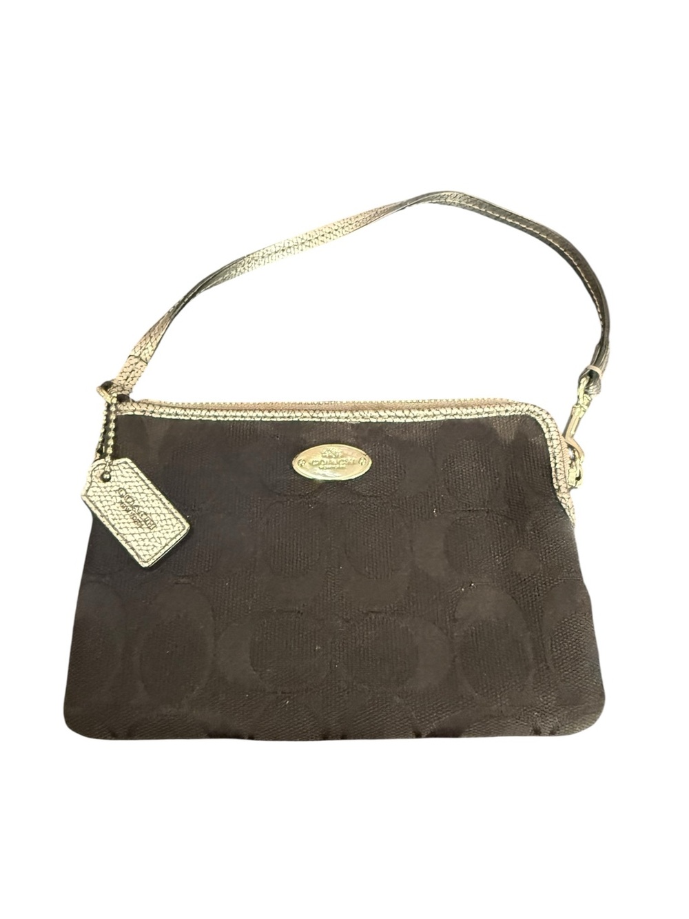Coach Dark Brown Wristlet with python embossed Gold Accents